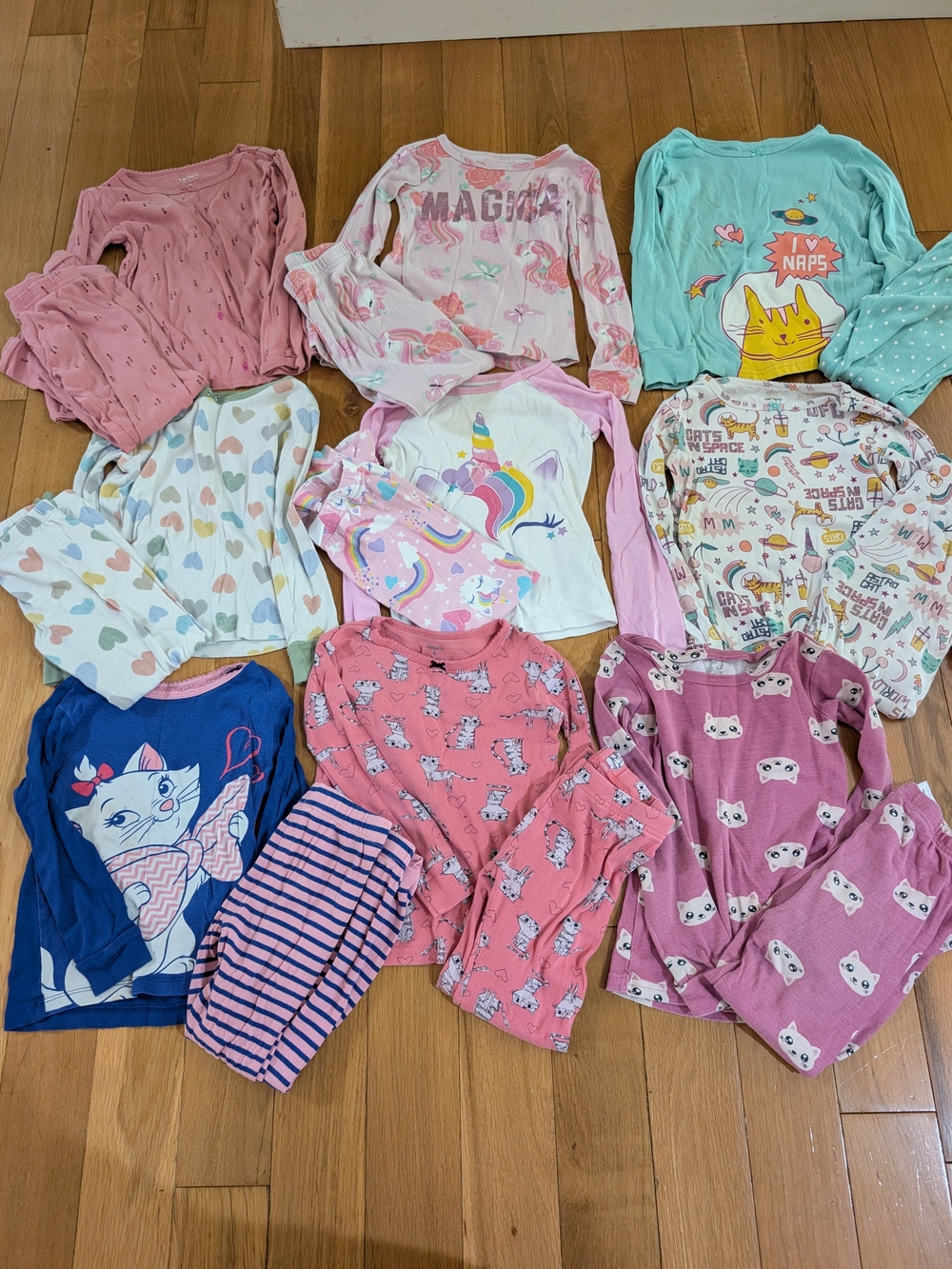 Girls 4T Winter Fall Pajamas Long Sleeve Pants Lot Of 9 Cats Unicorns